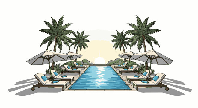 Tropical poolside scene with lounge chairs, umbrellas, and palm trees