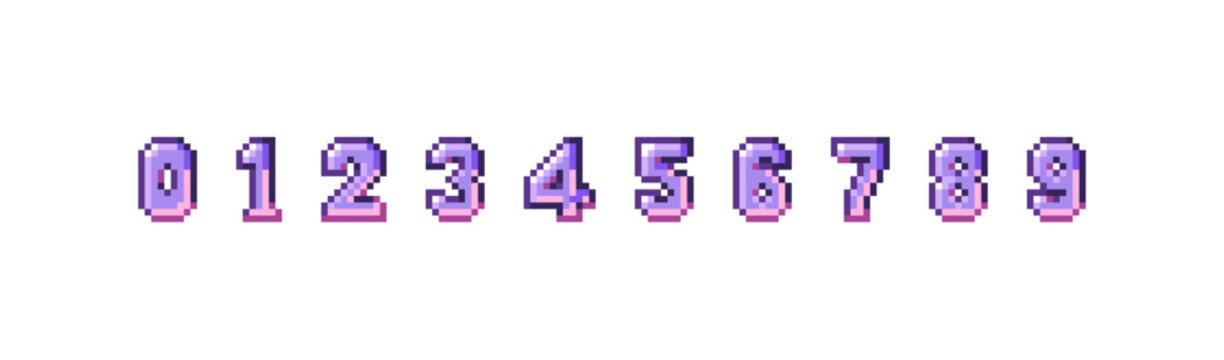 Pixel numbers from zero to nine set. Countdown 0, 1, 2, 3, 4, 5, 6, 7, 8, 9 for retro 8bit game. Alphabet figures- one, two, three, four, five, six, seven. Flat isolated vector illustrations on white