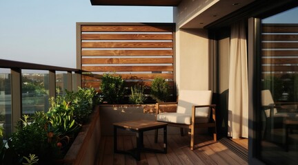 Obraz premium Modern balcony with modern furniture and small herb garden. Wooden screens provide privacy. Ideal for outdoor relaxation and morning coffee.