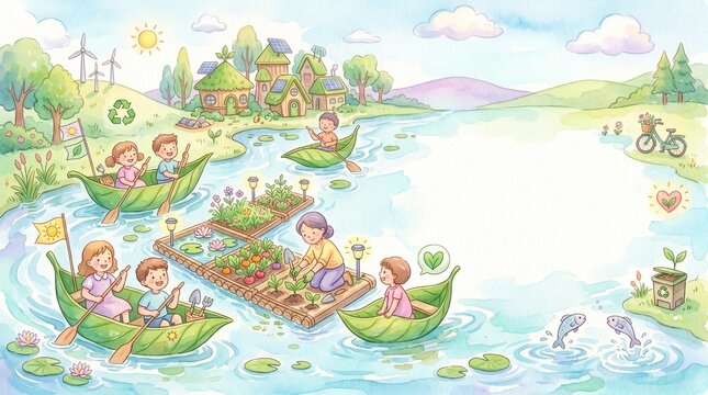 Children paddle leaf boats while an adult cares for a floating garden on a lake in an eco village