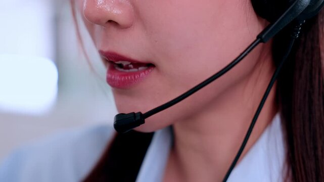 Customer service headset microphone call center support woman communication operator, closeup portrait with soft light, professional telemarketing hotline support for customer call center