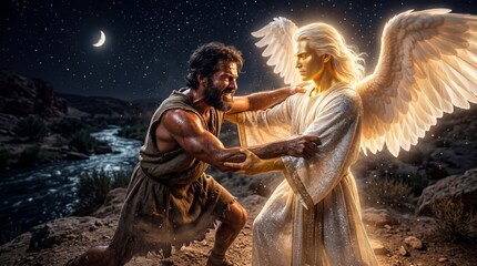 Fototapeta premium Biblical Jacob wrestles with a glowing divine angel by a river under a crescent moon and starry night sky in a dramatic biblical scene of struggle and blessing