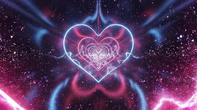 A mesmerizing glowing neon heart tunnel expanding outward in vibrant pink, purple, red, and electric blue gradients