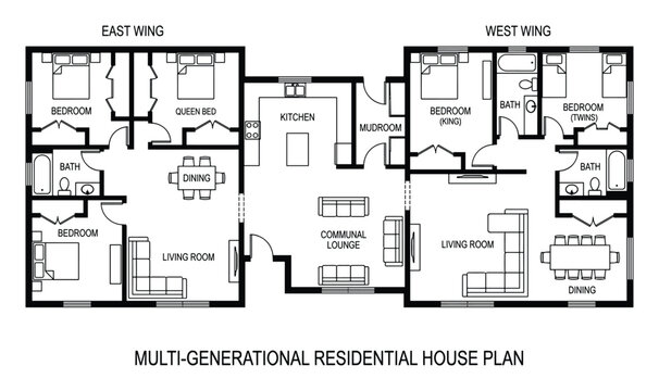Multi generational residential house plan with east west wings and communal lounge and kitchen areas.