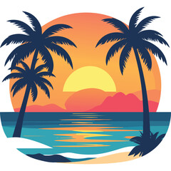 Obraz premium Tropical beach sunset vector illustration, palm tree silhouettes on ocean coast, summer vacation paradise landscape with orange sun and blue sea