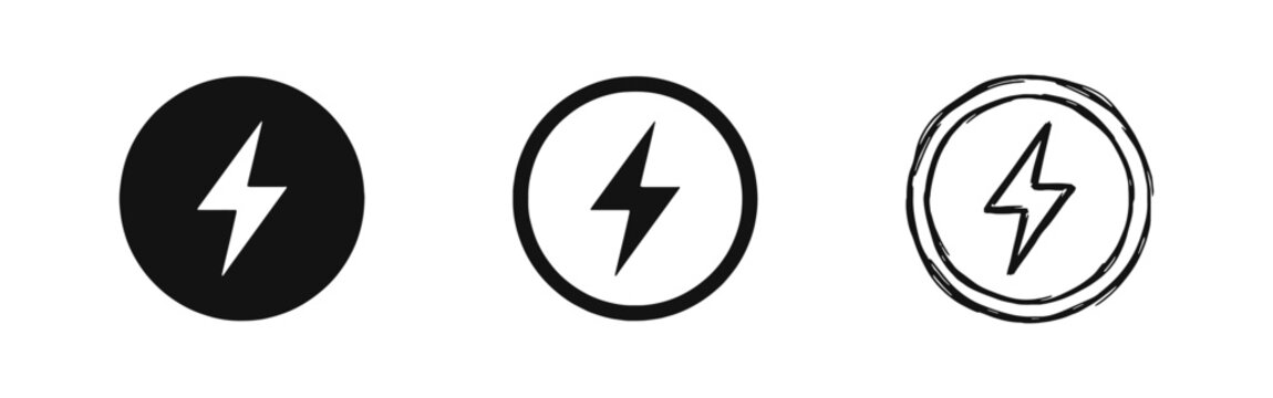 Lightning bolt energy icon set, power flash symbol in flat, outline, and hand-drawn styles, energy charge icons