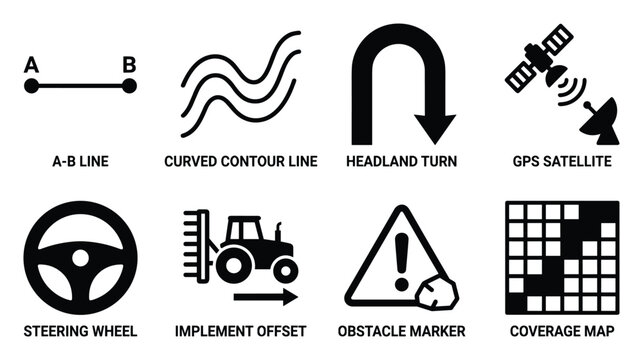 Precision agriculture icons for navigation, steering, tractor, GPS, and field coverage mapping.