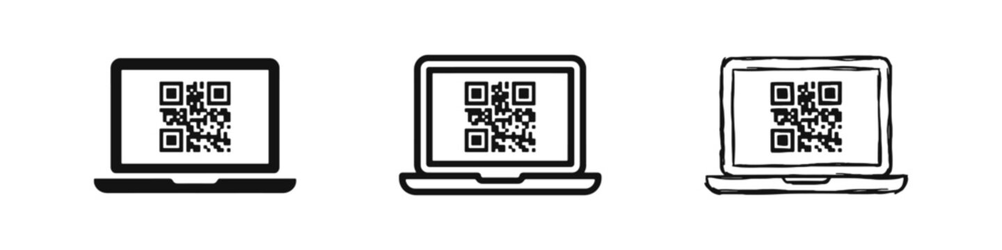 Laptop with QR code icon set, notebook computer with scan code in flat, outline and hand-drawn styles, digital scan