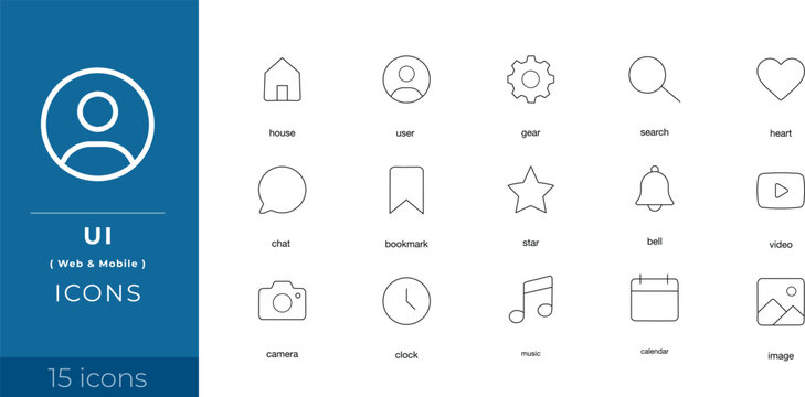 Modern Essential UI Icons for Web & Mobile , Professional Geometric Line Icons Set , Minimalist Line UI Icons Pack