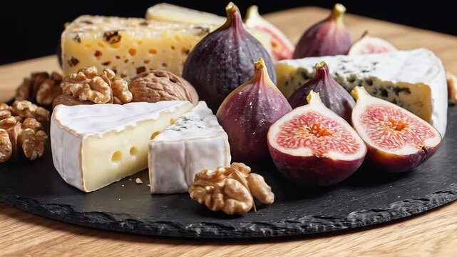 Gourmet Cheese Platter with Fresh Figs and Walnuts on Slate.
