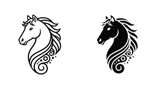 Stylized horse head portrait with decorative swirl patterns in both clean line art and solid black vector styles for equestrian branding and artistic design projects requiring a majestic animal motif