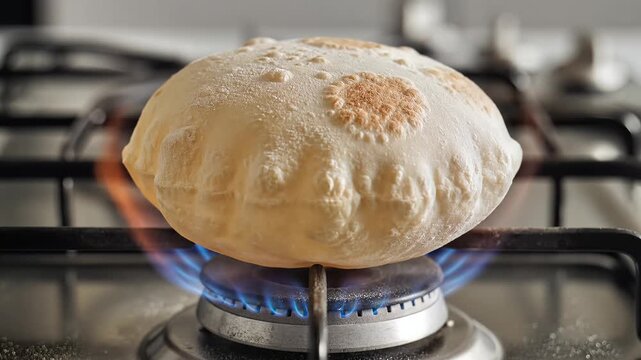 Closeup of Indian Roti Puffing Up on Gas Stove Flame.