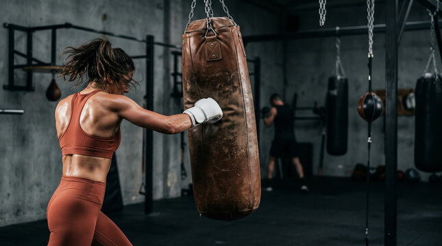 Muscular female athlete punching leather heavy bag in gym