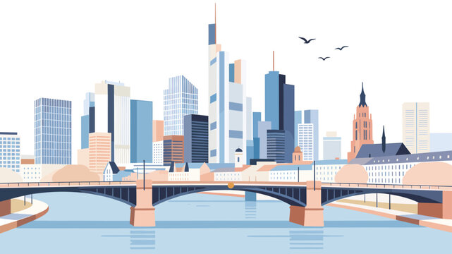 A clean, flat design vector of a metropolitan cityscape with skyscrapers and a river bridge, ideal for corporate web design.