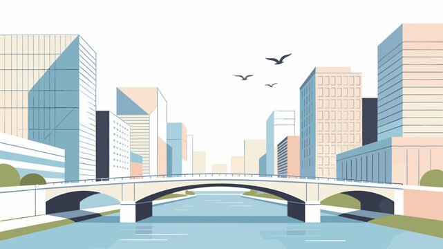 A minimalist vector illustration of urban architecture and a river bridge, ideal for corporate websites and modern city planning themes.