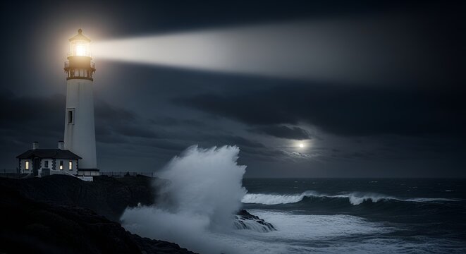Lighthouse beam cutting through stormy night ocean waves, guiding light