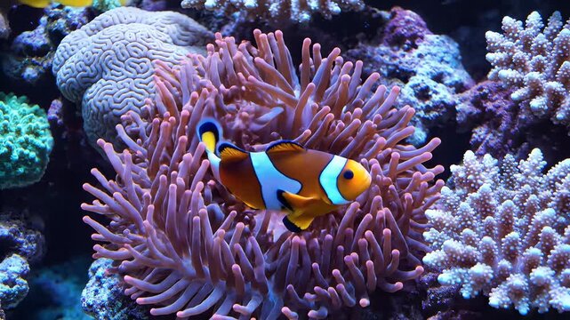 Vibrant Clownfish Nestles in Purple Anemone Coral Reef Ecosystem.