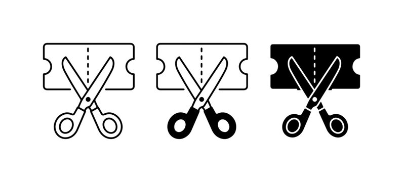 Coupon Cutting Icons, Scissors Clipping Ticket Symbols, Discount Voucher Graphics. Set of 3 vector illustrations representing sale and savings.