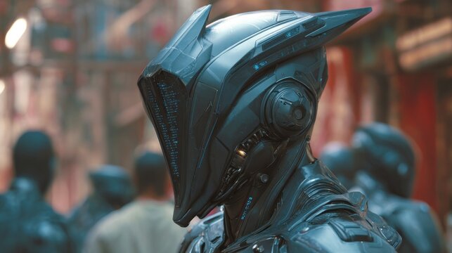 Futuristic armor design with detailed helmet in cinematic portrait