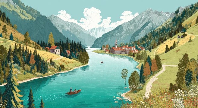 Serene alpine lake village nestled in lush valleys with snow-capped peaks