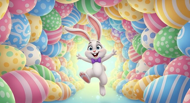 Cute Easter Bunny Rabbit Jumping Joyfully Through Colorful Decorated Eggs Tunnel