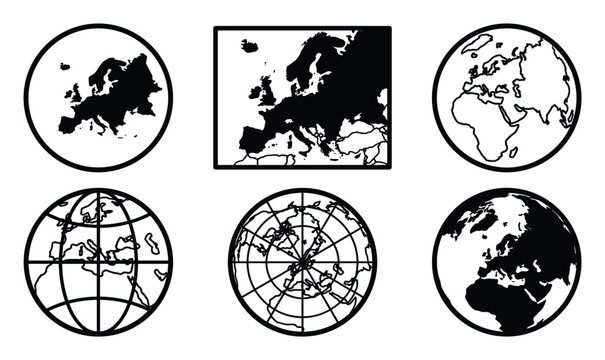 Six European continent and globe icons in black silhouette.