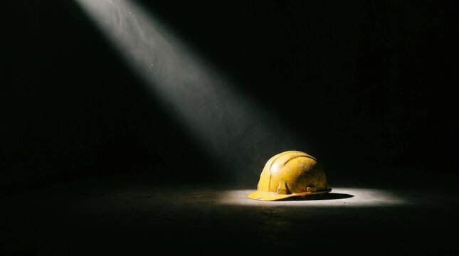 A solitary yellow hard hat rests on a dark surface illuminated by a single spotlight