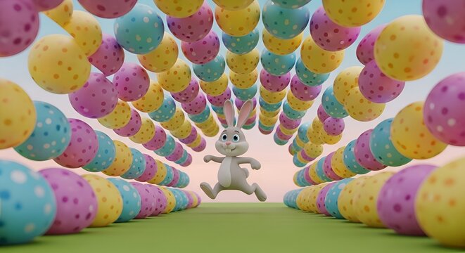 Cute Easter Bunny Rabbit Jumping Through Colorful Egg Tunnel