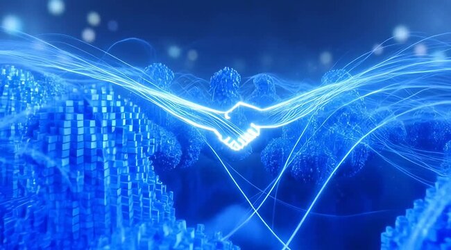 Abstract Blue Digital Particles Forming Handshake Over Futuristic Landscape With Glowing Lights And Swirling Lines