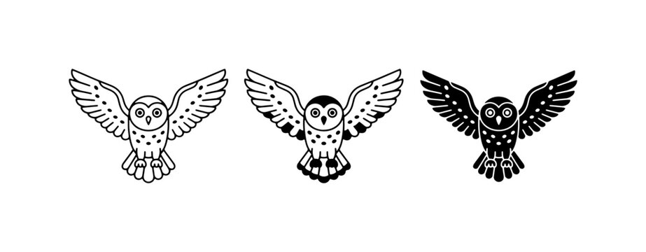 Three Stylized Owl Vector Icons: Black and White Flying Owl Graphics, Minimalist Bird Silhouettes for Design Projects, Educational and Wildlife Themes