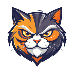 Fototapeta premium Angry calico cat mascot vector, fierce feline head with orange and grey fur, aggressive tortoiseshell kitten character for gaming and sports logos