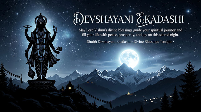  Mystical Devshayani Ekadashi silhouette composition featuring celestial Vishnu beneath luminous Himalayan moon skies and graceful English wish typography tonight beautifully