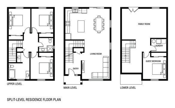 Split-level residence floor plan showing upper, main, and lower levels with bedrooms, living room, and family area.