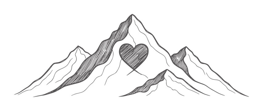 Black and white of mountain peaks with a heart shape in the center love monochrome