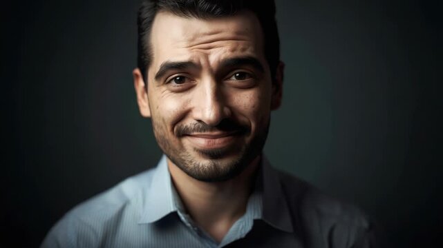 Man portrait smirk dramatic lighting studio. smirking man with textured skin, furrowed brow looking