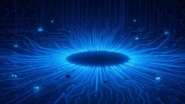 Abstract Digital Blue Energy Explosion Glowing Core on Circuit Board Background Macro View Dramatic Lighting Dynamic Motion