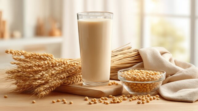 Tall glass of creamy plant-based milk with wheat stalks and soybeans