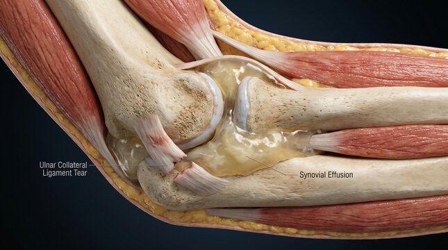 Anatomical depiction of an elbow joint with a ulnar collateral ligament tear and synovial effusion