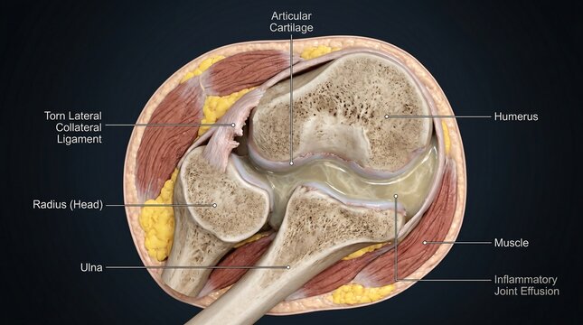 Detailed anatomical view of a human elbow joint showing ligaments bones and muscle structures with labels