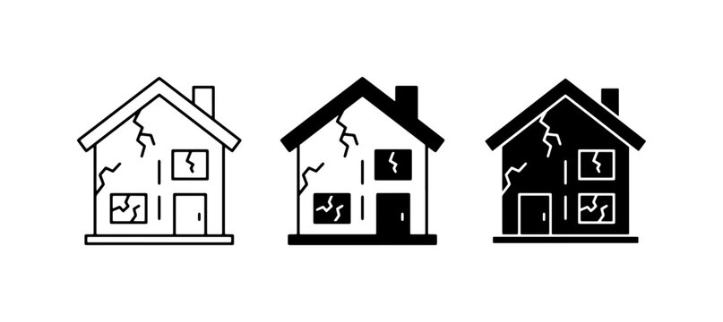 Damaged House Icons, Dilapidated Home Symbols, Cracked Building Graphics, Real Estate Distress, Urban Decay Vector Set