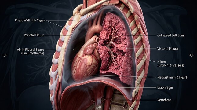 Anatomical diagram of the human chest cavity showing the heart and collapsed lung