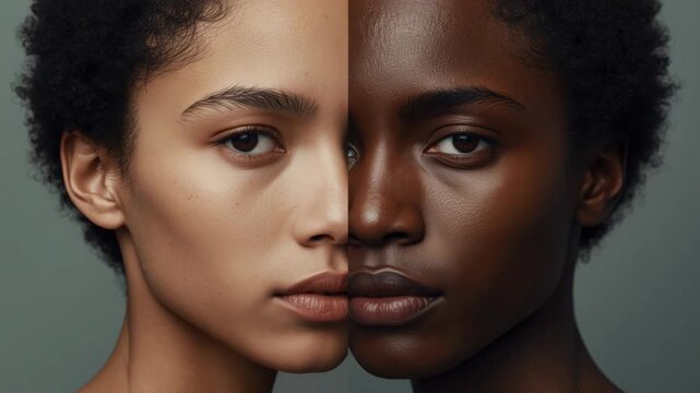 Young mixed heritage portrait split composition showing contrast skin tone and serene closeup face