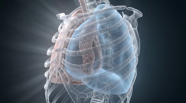 Anatomical illustration of human lungs and rib cage with light rays anatomy