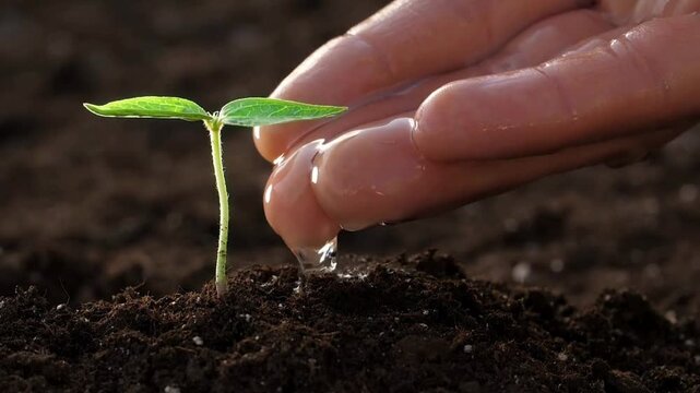 Woman watering young plant from palms. Green seedling in wet soil. Female hand drip watering green sprout in fertile soil. water feeding plant seedlings.