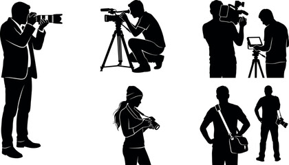 Photographer and videographer silhouettes set with camera shooting filming and media productionPhotographer and videographer silhouettes set with camera shooting filming and media production © MdOsiar