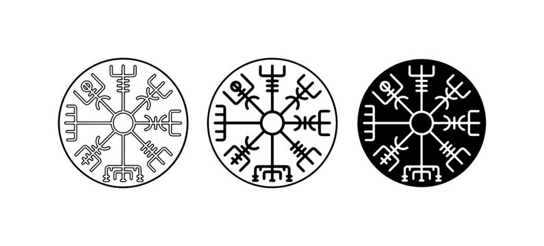 Viking Compass Symbols, Norse Runes, Ancient Navigation Icons, Set of 3 Black and White Vector Graphics