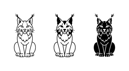 Fototapeta premium Lynx Icons Set, Wild Cat Vector Illustrations, Feline Wildlife Graphics, Cute and Fierce Animal Art, Black and White Line Drawings