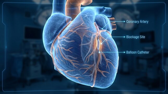 Digital illustration of human heart showing coronary artery blockage site and balloon catheter
