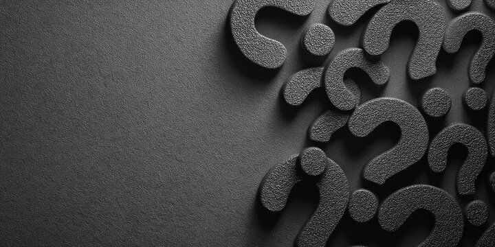 A textured dark gray surface with many question marks scattered across it