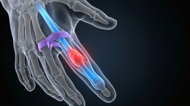 Medical illustration of a human hand showing inflammation and tendon issue in a finger